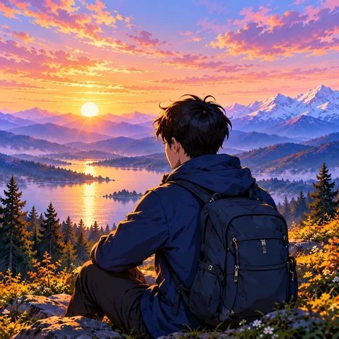 背包青年面向湖山夕阳的角色插画